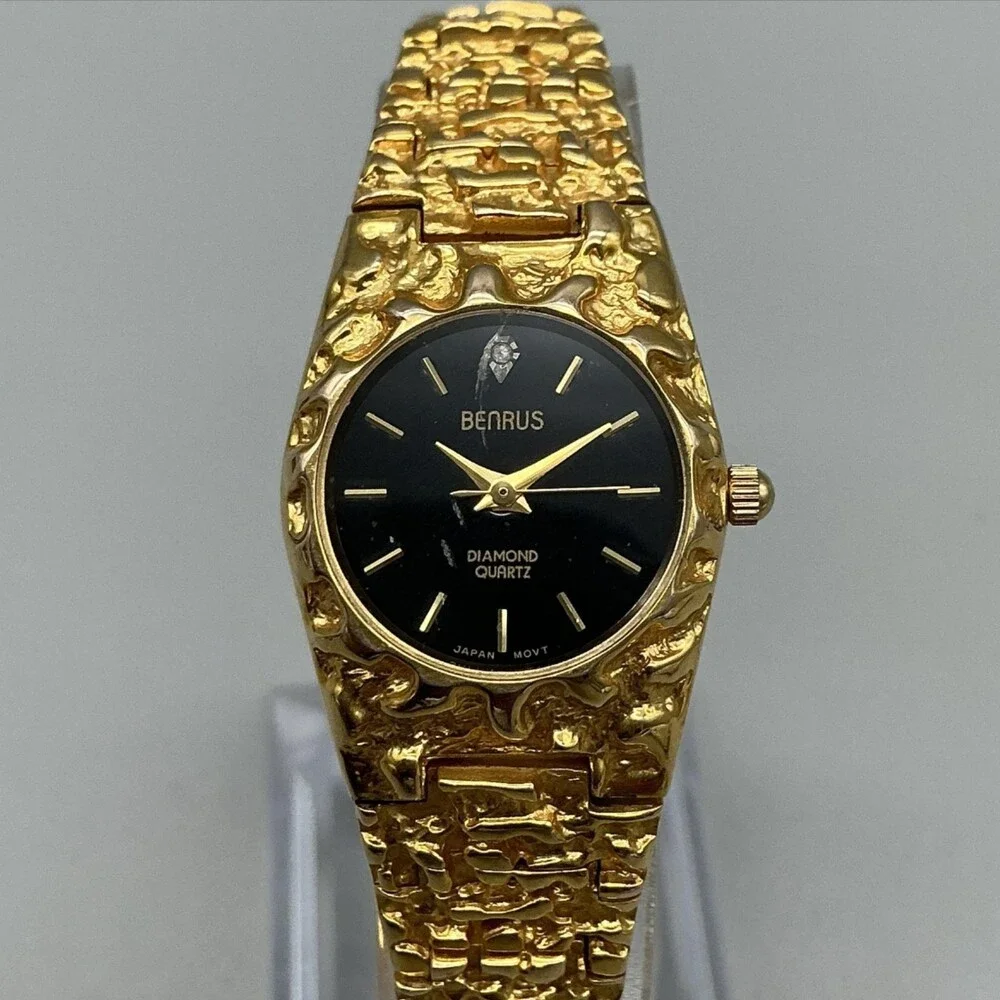Benrus Womens Watch 22mm Black Dial Gold Tone Textured Bracelet New Battery 6.5